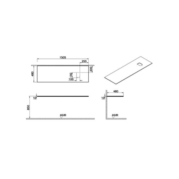 Vitra Origin Right Syphon Hole Glass Countertop - 1500mm Wide - No TH - Image 2