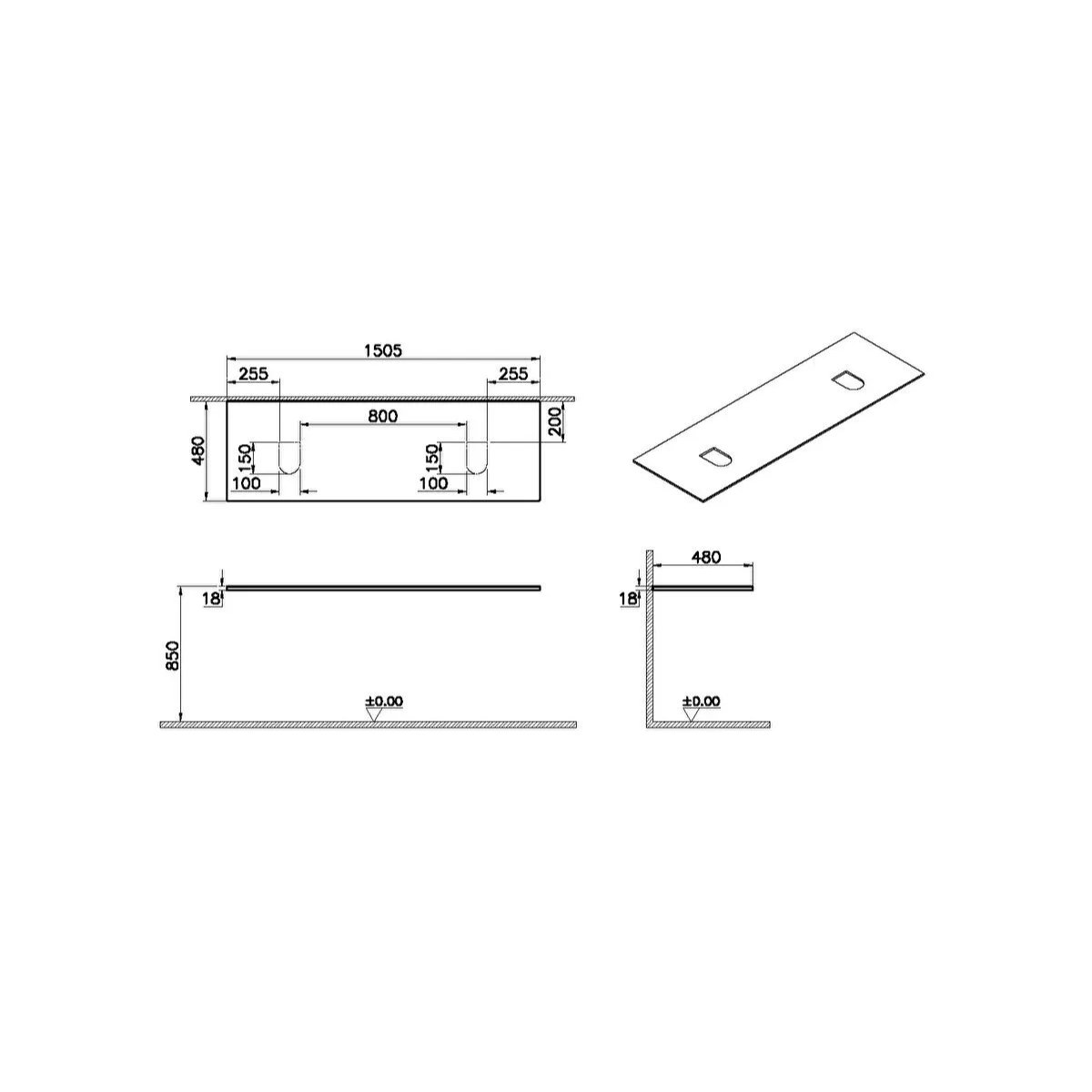 Vitra Origin Double Syphon Hole Wooden Countertop - 1500mm Wide - No TH - Image 2