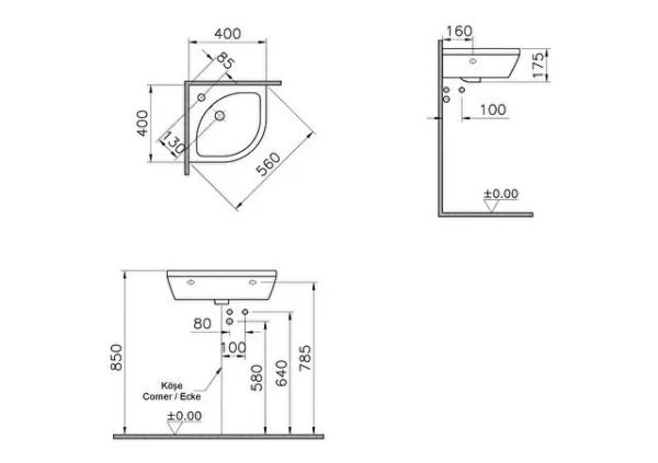 Vitra Integra Corner Wall Hung Basin - 400mm - Image 2