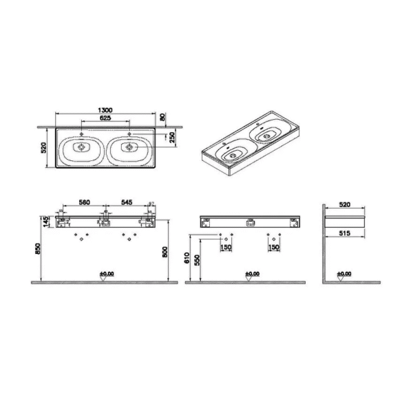 Vitra Equal Vanity Unit With Double Basin - 1300mm Wide - Image 4