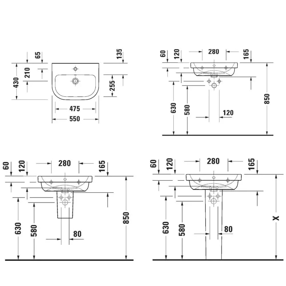 Duravit D-Code Wall Hung Basin - 550mm - Pedestal Options - Image 4