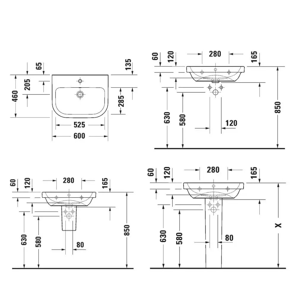 Duravit D-Code Wall Hung Basin - 600mm - Pedestal Options - Image 4