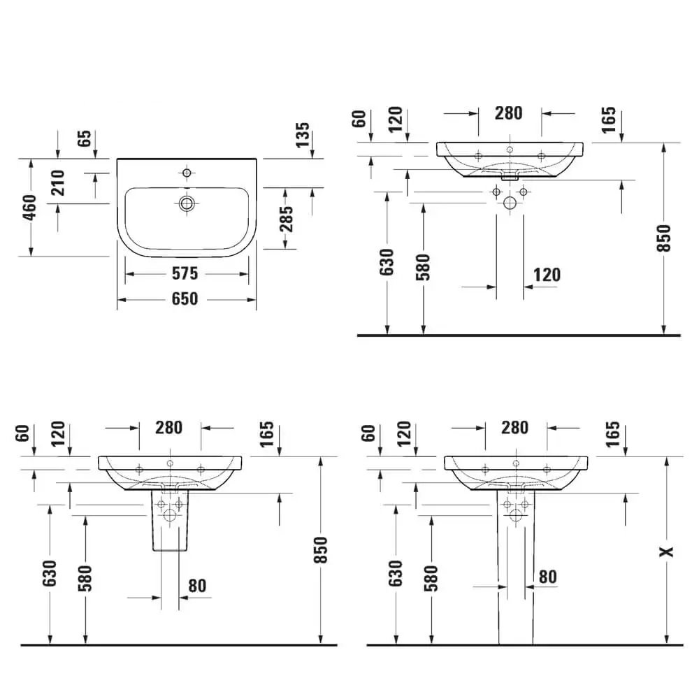 Duravit D-Code Wall Hung Basin - 650mm - Pedestal Options - Image 4