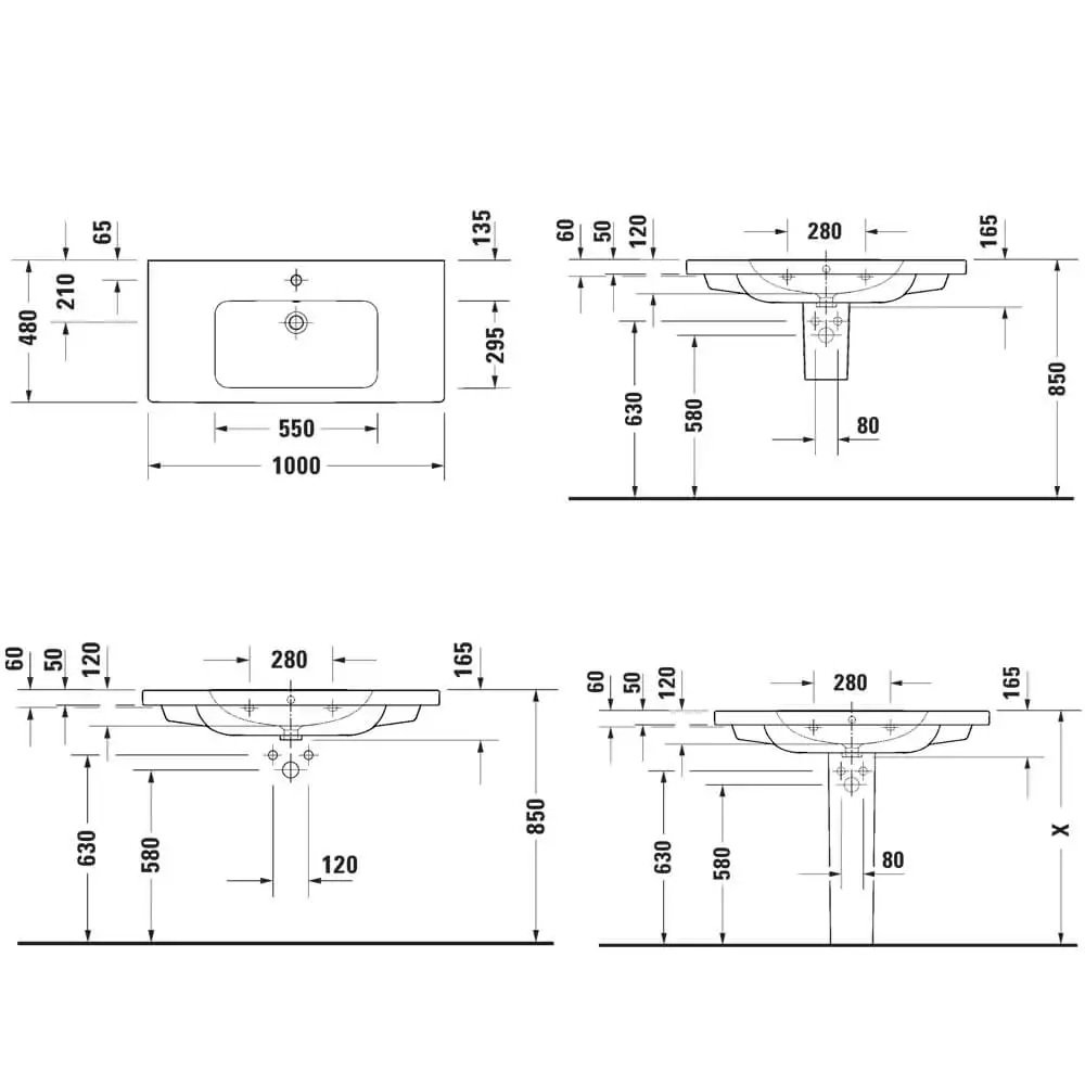 Duravit D-Code Rectangular Wall Hung Basin - 1000mm - Pedestal Options - Image 4
