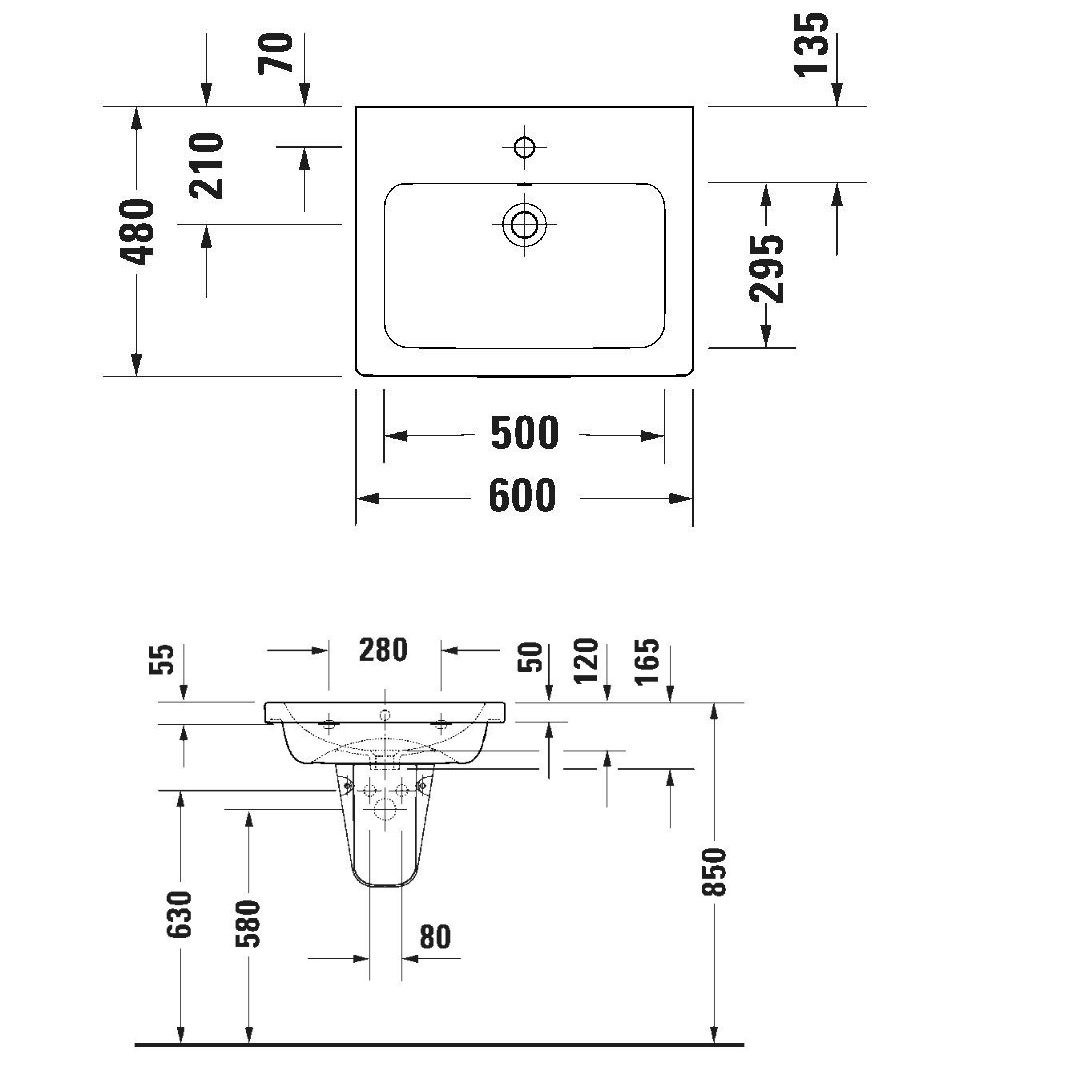 Duravit D-Code Rectangular Wall Hung Basin - 600mm - Pedestal Options - Image 4